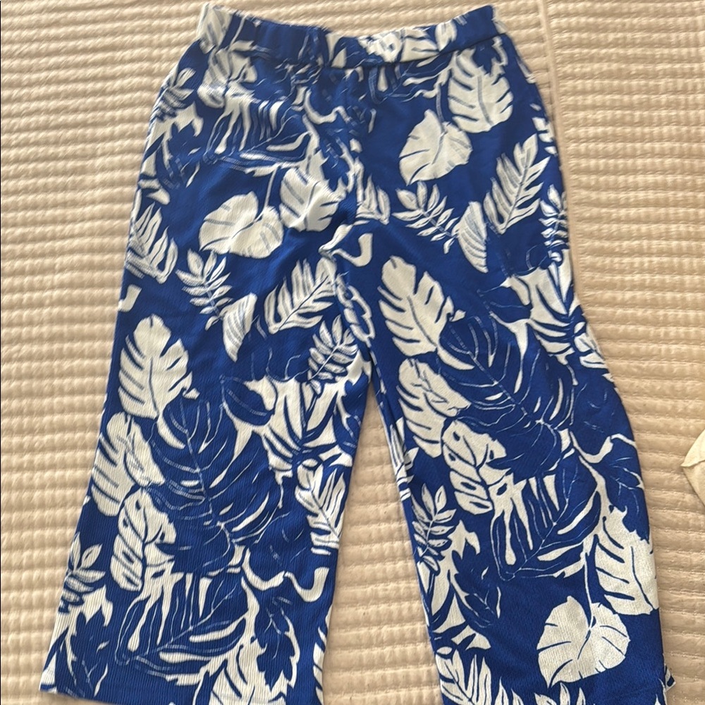 Blue and White Leaf Print Pants